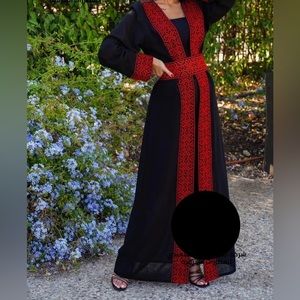 Palestinian Embroidered Open Abaya Black And Red Bisht with internal dress